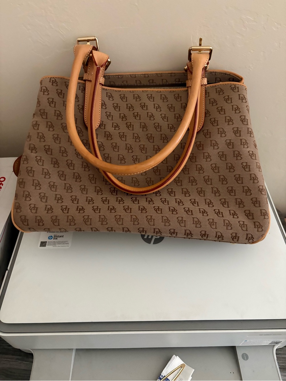 Dooney & Bourke Tan Monogram Satchel with Vachetta Leather Trim